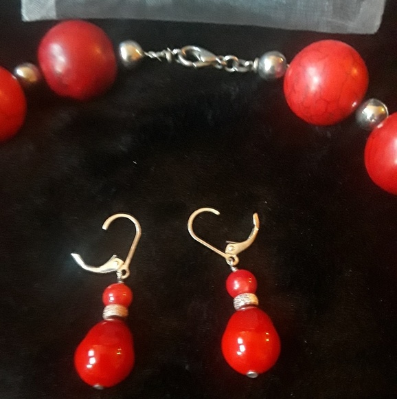 Hand crafted red pearl like Necklace + matching E - Picture 2 of 5